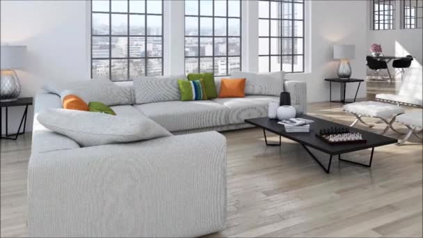 moderni valoisa sisustus huoneisto Olohuone 3D renderöinti kuva
 - Materiaali, video