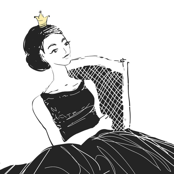 Dreaming woman princess with a crown sittting on a chair. Vector comics style illustration. - Vetor, Imagem
