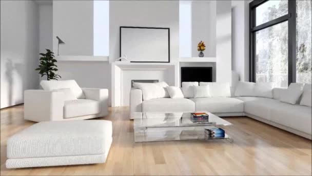 moderni valoisa sisustus huoneisto Olohuone 3D renderöinti kuva
 - Materiaali, video