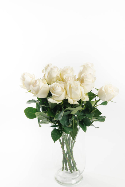 Bouquet of gorgeous white roses on white background - Fotoğraf, Görsel