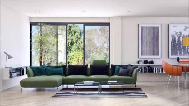 moderne helle Innenräume Wohnung Wohnzimmer 3D-Rendering-Illustration - Filmmaterial, Video