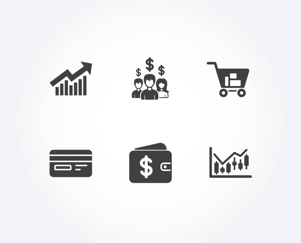 Set of Internet shopping, Demand curve and Credit card icons. Dollar wallet, Salary employees and Financial diagram signs. Cart with purchases, Statistical report, Card payment. Vector - Vettoriali, immagini