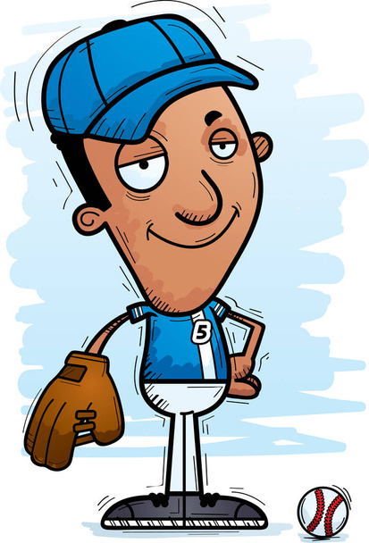 A cartoon illustration of a black man baseball player looking confident. - Vector, Image
