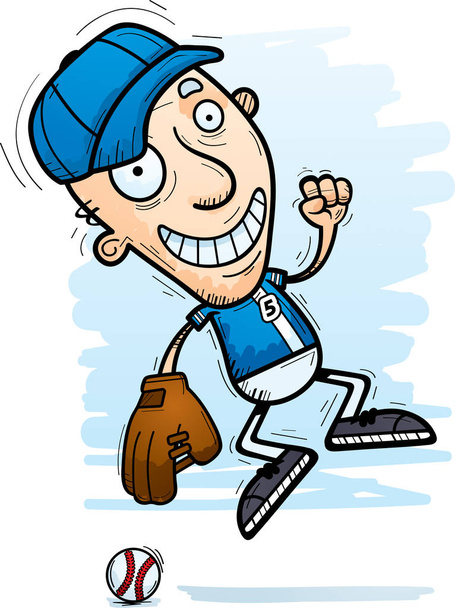 A cartoon illustration of a senior citizen man baseball player jumping. - Vektor, obrázek
