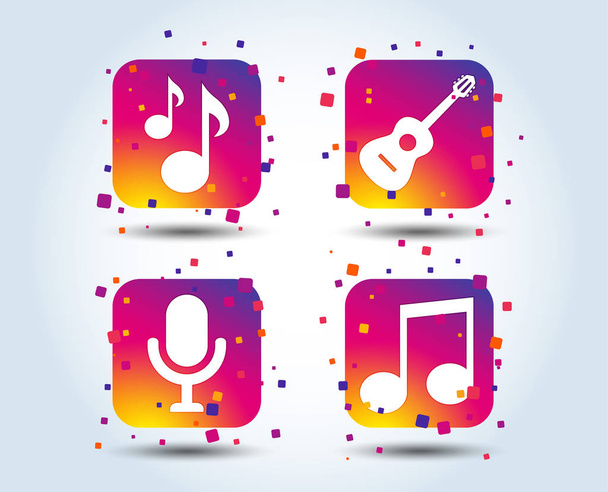 Music icons. Microphone karaoke symbol. Music notes and acoustic guitar signs. Colour gradient square buttons. Flat design concept. Vector - Вектор,изображение