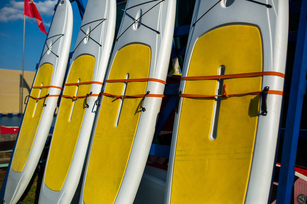 Жовті та білі дошки для серфінгу стоять на пляжі
. - Фото, зображення