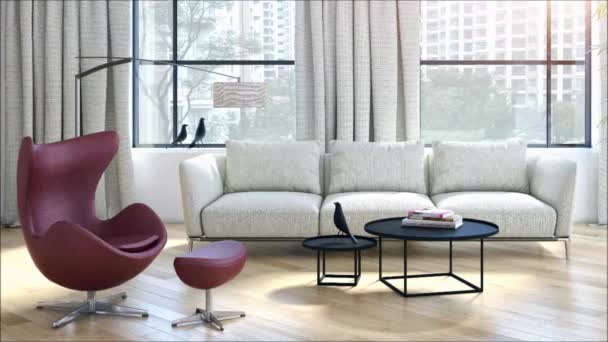 apartamento de interiores luminosos modernos sala de estar 3D representación ilustración
 - Imágenes, Vídeo