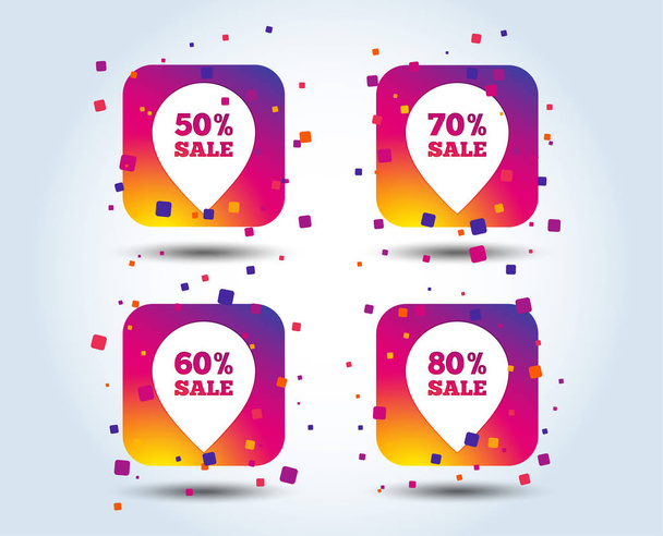 Sale pointer tag icons. Discount special offer symbols. 50%, 60%, 70% and 80% percent sale signs. Colour gradient square buttons. Flat design concept. Vector - Vector, imagen