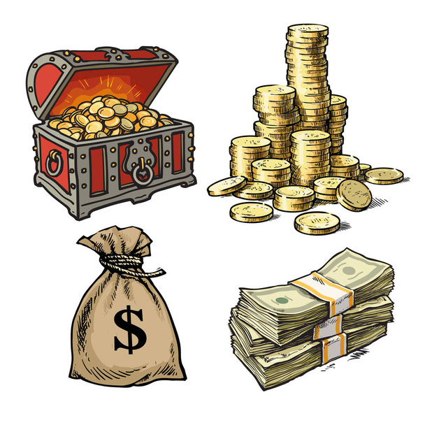 Chest with treasures, stack of coins, sack of dollars, stack of dollar bills. Vector. - Vecteur, image