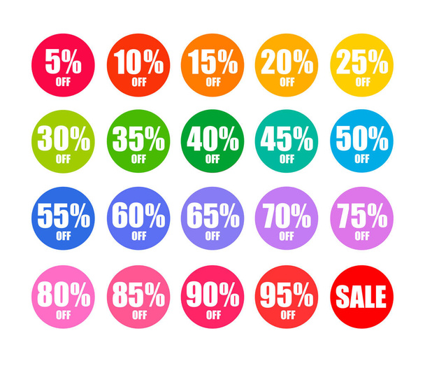 Set of round discount tags in colors of rainbow. Holiday discount offer. Vector - Vettoriali, immagini