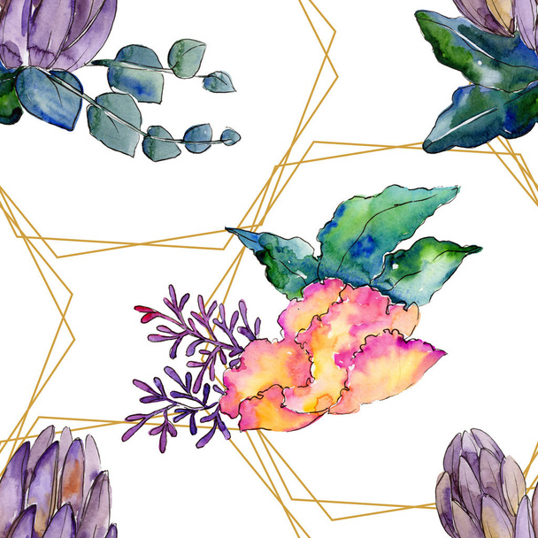 Watercolor colorful bouquet flowers. Seamless background pattern. - Photo, Image