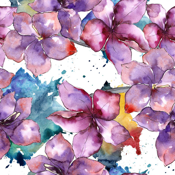 Watercolor purple amaryllis flower. Seamless background pattern. - Photo, Image