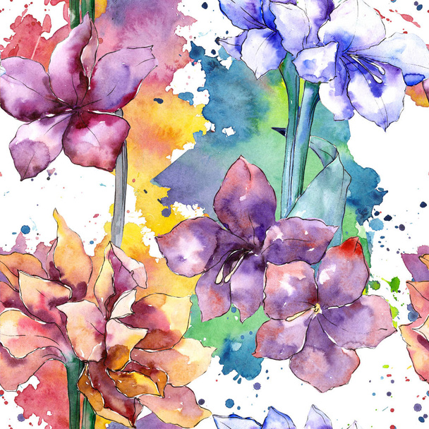 Květinový akvarel fialový amaryllis. Vzor bezešvé pozadí. - Fotografie, Obrázek