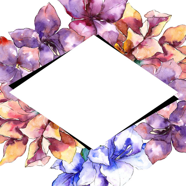 Watercolor purple amaryllis flower. Frame border ornament square. - Φωτογραφία, εικόνα