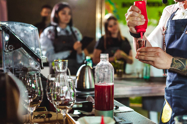 championship among coffee houses, members of teams show barista's skill, prepare drinks, teamwork - Fotó, kép
