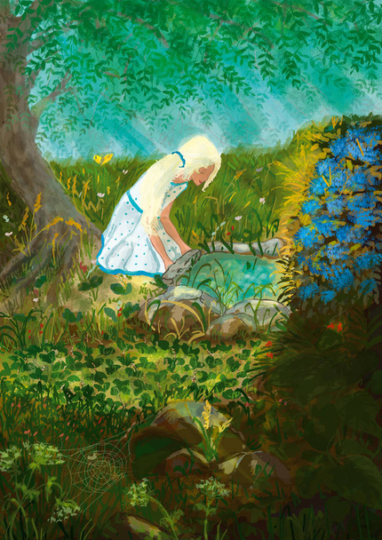 Menina em um vestido branco em bolinhas em uma floresta olhando para uma fonte com água
 - Foto, Imagem