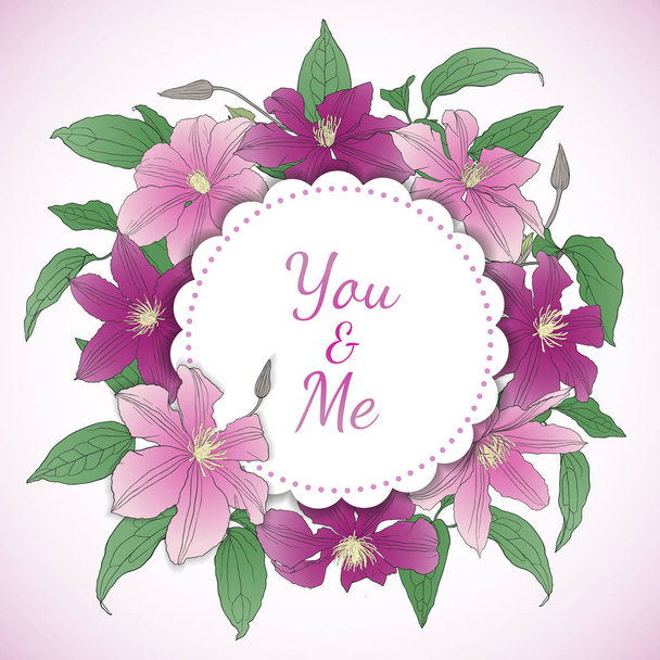 Floral card with Clematis Flowers. Romantic Design. Love concept. Cute frame with purple flowers. Vector illustration. - Vetor, Imagem