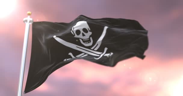 Bandeira de pirata, acenando para o vento no lento em loop por do sol, - Filmagem, Vídeo