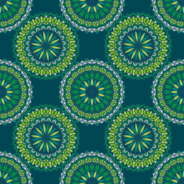 Mandala colorful vector seamless pattern. Abstract geometric texture. Hand drawn background with decorative elements in blue and green colors - Вектор, зображення