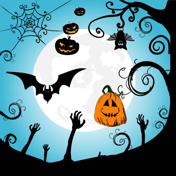 ハロウィーンの夜、月とコウモリ、イラストとグランジ背景 - ベクター画像