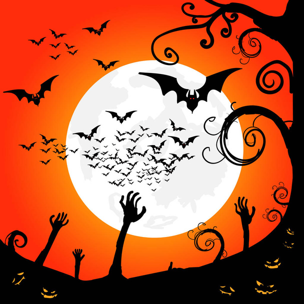 Noite de Halloween, fundo grunge com Lua e morcegos, ilustração
 - Vetor, Imagem