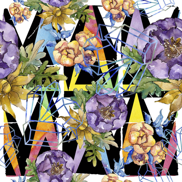 Watercolor colorful bouquet flowers. Seamless background pattern. - Photo, Image