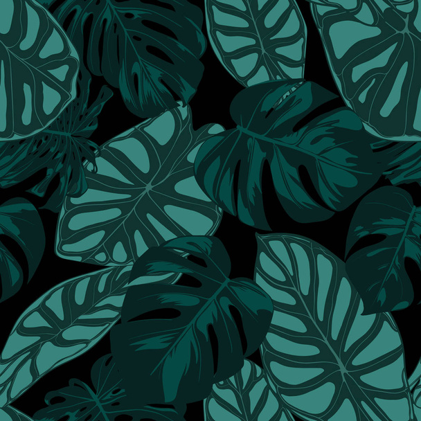 Zwrotnik wektor wzór. Philodendron i to liści. Ręcznie rysowane Jungle liści w stylu przypominającym akwarele. Egzotyczne tło. Bezszwowe zwrotnik liść dla tekstylnych, tkaniny, tkaniny, ozdoba, papier. - Wektor, obraz