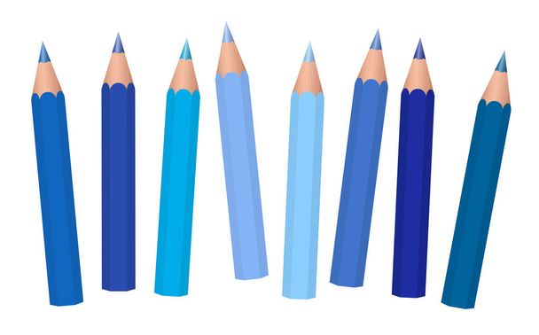 Blue crayons - short pencils loosely arranged, different blues like azure, aqua, sky, royal, midnight, cadet, navy, dark. medium or light blue. Isolated vector on white background. - Vector, Image