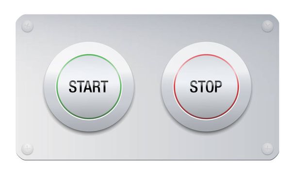 Εκκίνηση και διακοπή κουμπί σε ένα χρώμιο επιφάνεια πάνελ για τα όργανα, μηχανήματα, συσκευές. - Διάνυσμα, εικόνα