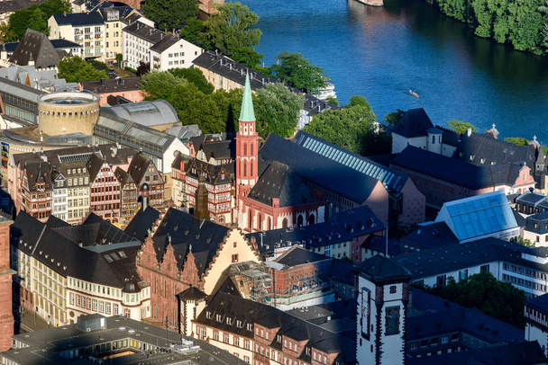 Aerial view of Romer and Nikolai church in the centre of Frankfurt city. - Фото, изображение