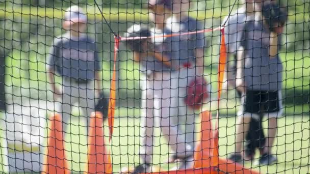Lento movimiento de los niños lanzando pelota a una red durante la práctica de béisbol
 - Metraje, vídeo