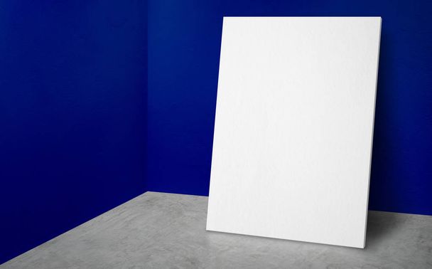 Blank poster at corner vivid blue wall and  concrete floor studio room with background,Mock up studio room for display or montage of product for advertising on media,Business presentation - Foto, imagen