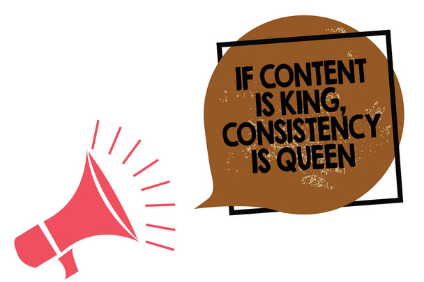 Handgeschreven tekst schrijven als Content Is King, consistentie Is koningin. Begrip betekenis marketingstrategieën Persuasion megafoon luidspreker sprekende luid schreeuwende frame bruin tekstballon - Foto, afbeelding