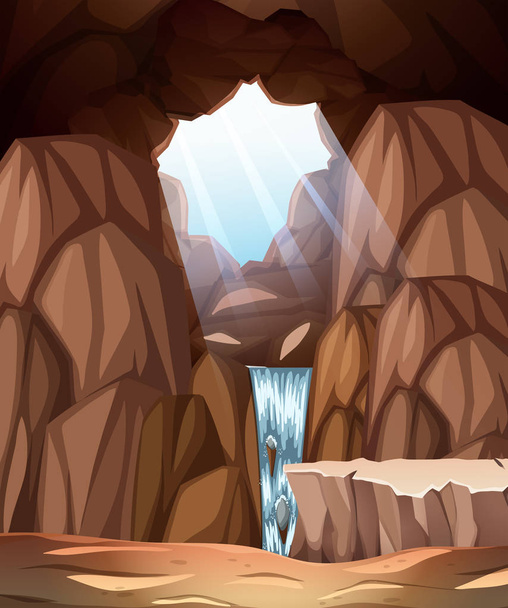 Пещерная сцена с иллюстрацией водопада и освещения
 - Вектор,изображение