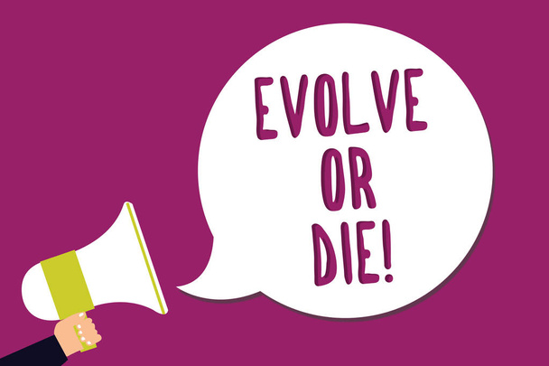 Word writing text Evolve Or Die. Business concept for Necessity of change grow adapt to continue living Survival Man holding megaphone loudspeaker speech bubble screaming purple background - Photo, Image