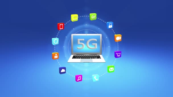 ノート パソコンの画面、仮想インターネット概念、オンライン サービスに 4 k 5 g シンボル ic - 映像、動画