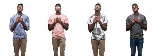 Collage d'homme afro-américain portant différentes tenues souriant avec les mains sur la poitrine avec les yeux fermés et geste reconnaissant sur le visage. Concept de santé
. - Photo, image