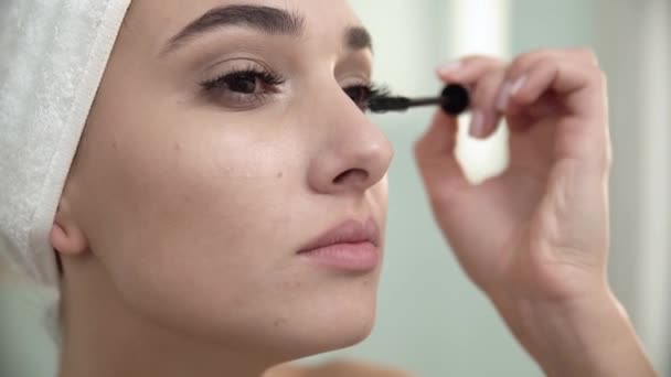Makeup At Bathroom. Woman Applying Mascara On Eyelashes - Filmati, video