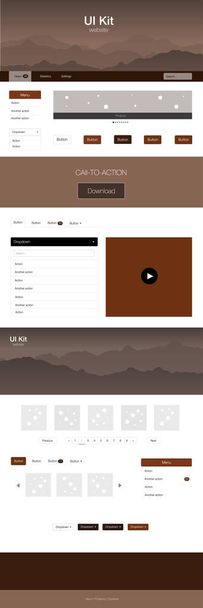 Темно-коричневый вектор ui kit с пейзажем. Просто дизайнерский набор с разноцветными горами в заголовке. Образец для целевой страницы туризма
. - Вектор,изображение