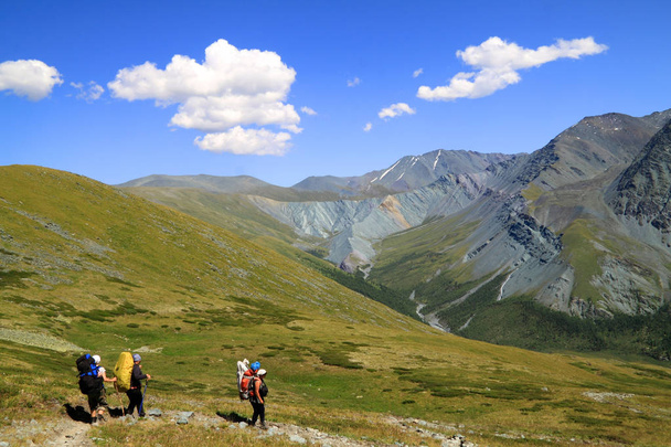Team from three women of tourists go with backpacks in the Altay mountains - Valokuva, kuva