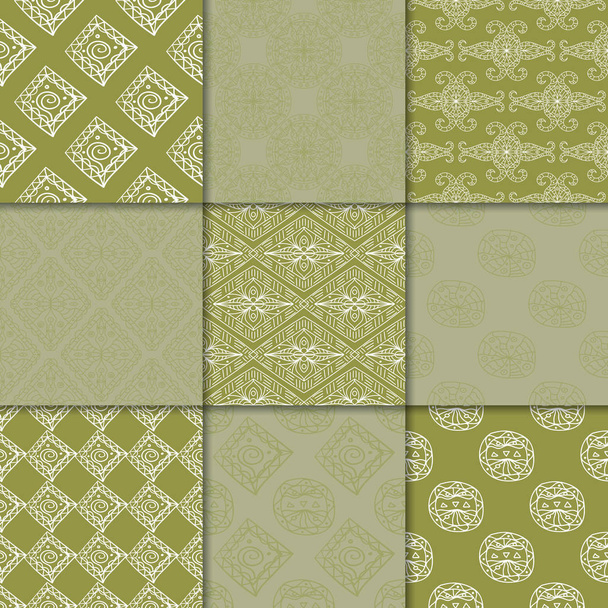 オリーブ グリーンの幾何学的な装飾品。Web、テキスタイルや壁紙のためのシームレスなパターンのコレクション - ベクター画像