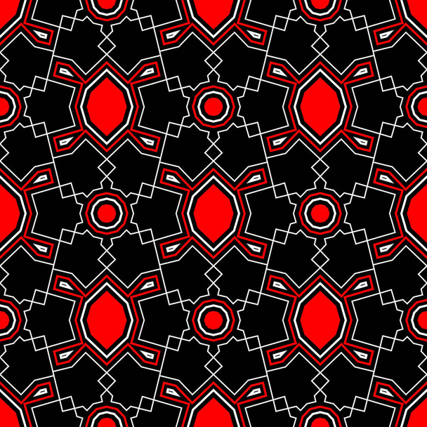Red and white geometric designs. Seamless black background for textile, fabrics, wallpapers - Vektor, kép