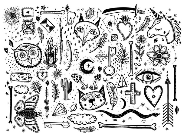 Sketch graphic illustration with mystic and occult hand drawn symbols big set. Vector holiday illustration for Day of the dead or Halloween. Astrological and esoteric concept. Old Fashion Tattoos. Psychedelic style. - Vector, Image