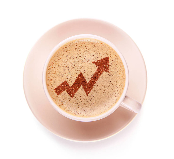 フォーム上のグラフの矢印とコーヒーのカップ - 写真・画像