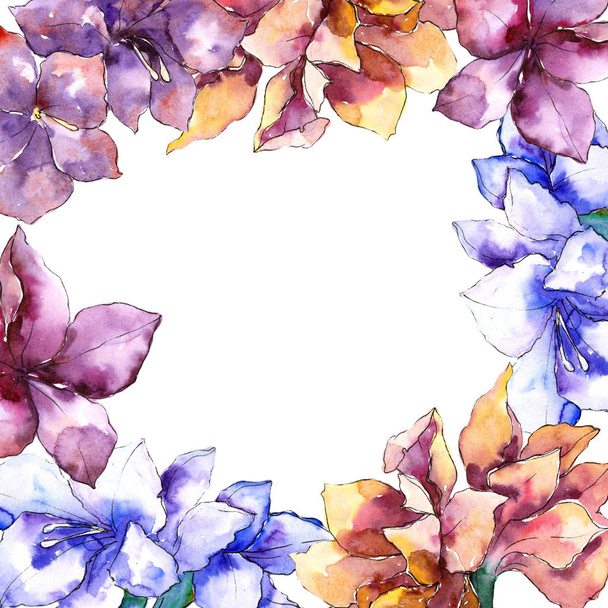 Watercolor purple amaryllis flower. Frame border ornament square. - Foto, immagini