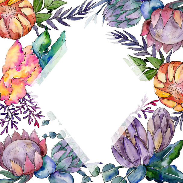 Watercolor colorful bouquet flowers. Frame border ornament square. - Foto, Imagem