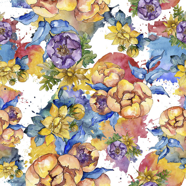 Watercolor colorful bouquet flowers. Seamless background pattern.  - Фото, изображение