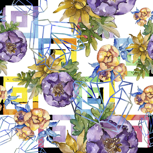Watercolor colorful bouquet flowers. Seamless background pattern. - Fotó, kép