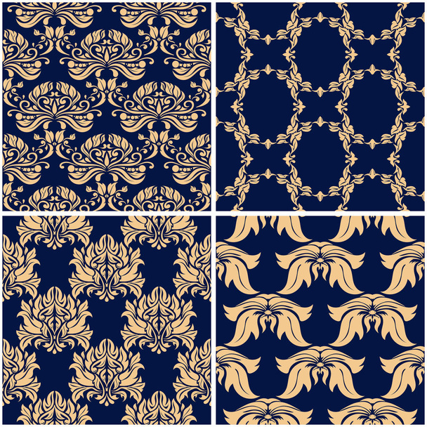 Floral patterns. Set of golden blue seamless backgrounds. Vector illustraton - Vector, Image