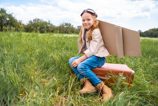 smiling cute kid in pilot costume sitting on retro suitcase in summer field - Photo, Image